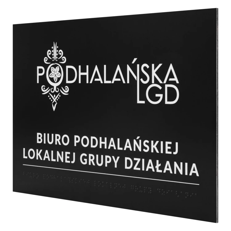 Tabliczka z pismem Braille'a - dowolna treść - czarny dibond - wym. 297x210 mm (format A4) - TAB671