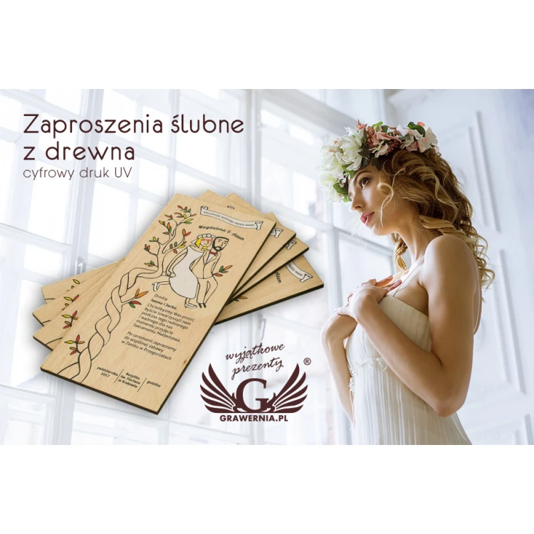 Zaproszenia ślubne z drewna - cyfrowy druk UV - ZAP001
