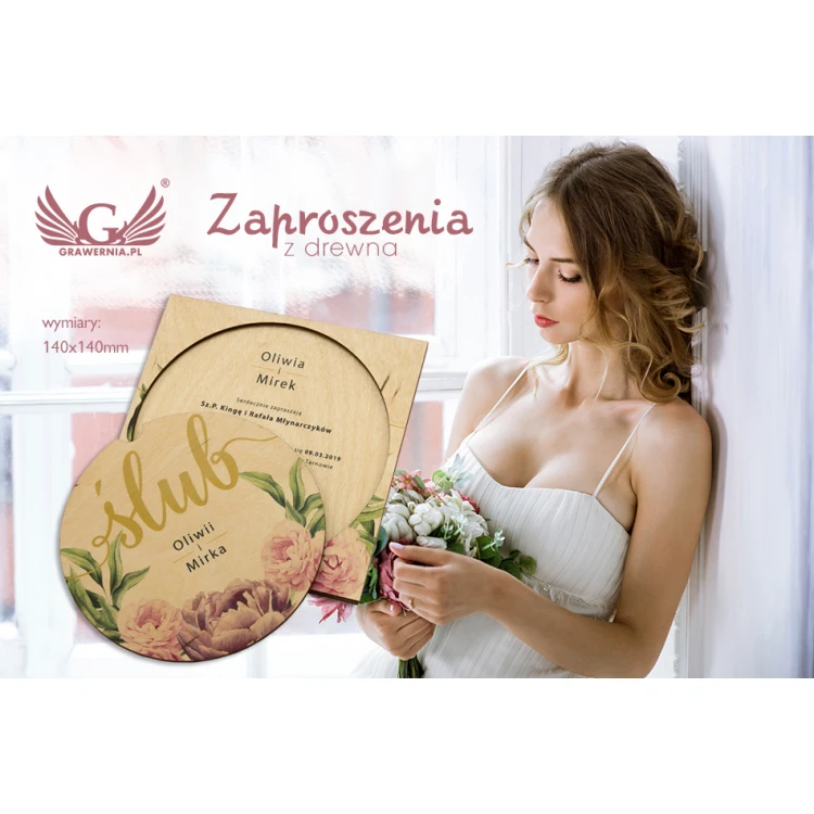 Zaproszenia ślubne z drewna - cyfrowy druk UV - ZAP047