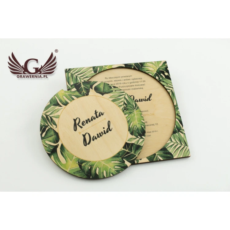 Zaproszenia ślubne z drewna - tropikalne - cyfrowy druk UV - ZAP044