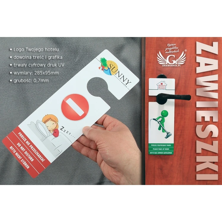 Zawieszki na klamkę hotelową - plastikowe, wodoodporne  - wymiary:  285x95mm - druk UV - ZAW001