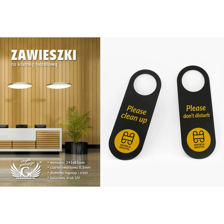 Zawieszki na klamkę hotelową - czarne - wymiary: 243x85mm - druk UV - ZAW004