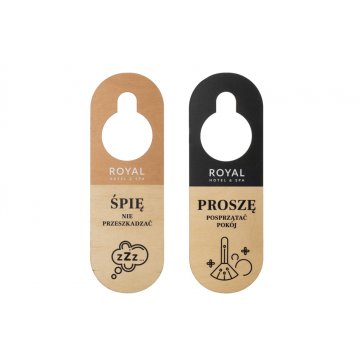 Zawieszki na klamkę hotelową z drewna - wymiary: 77x230mm - druk UV - ZAW006