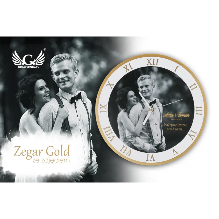 Zegar akrylowy Exclusive Gold z Twoją fotografią - prezent na rocznicę ślubu - ZEG004