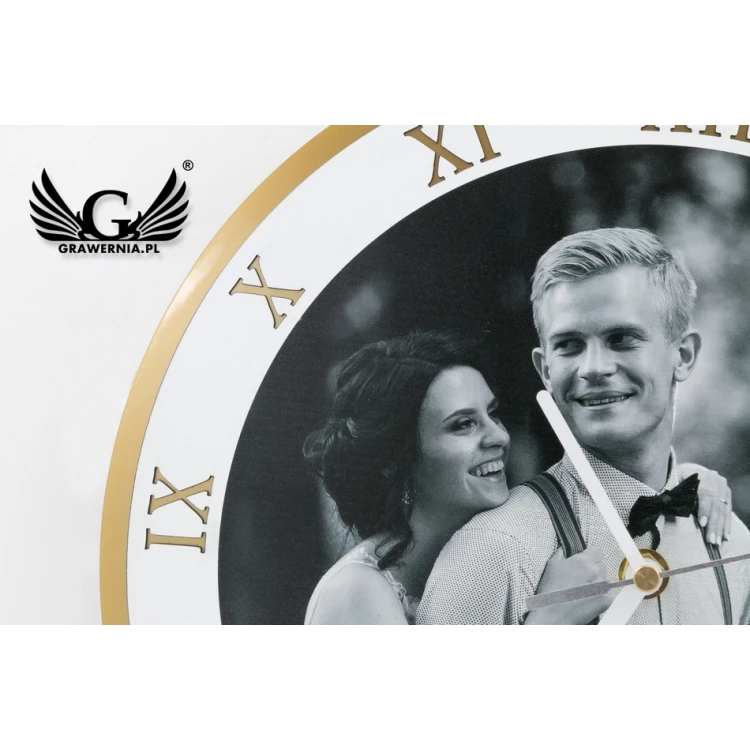 Zegar akrylowy Exclusive Gold z Twoją fotografią - prezent na rocznicę ślubu - ZEG004