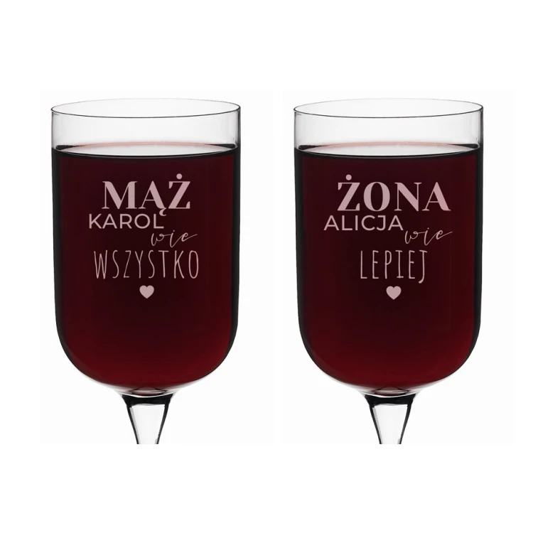 Kieliszki do wina z grawerem - prezent dla Pary Młodej - Mąż wie wszystko, Żona wie lepiej - KL021