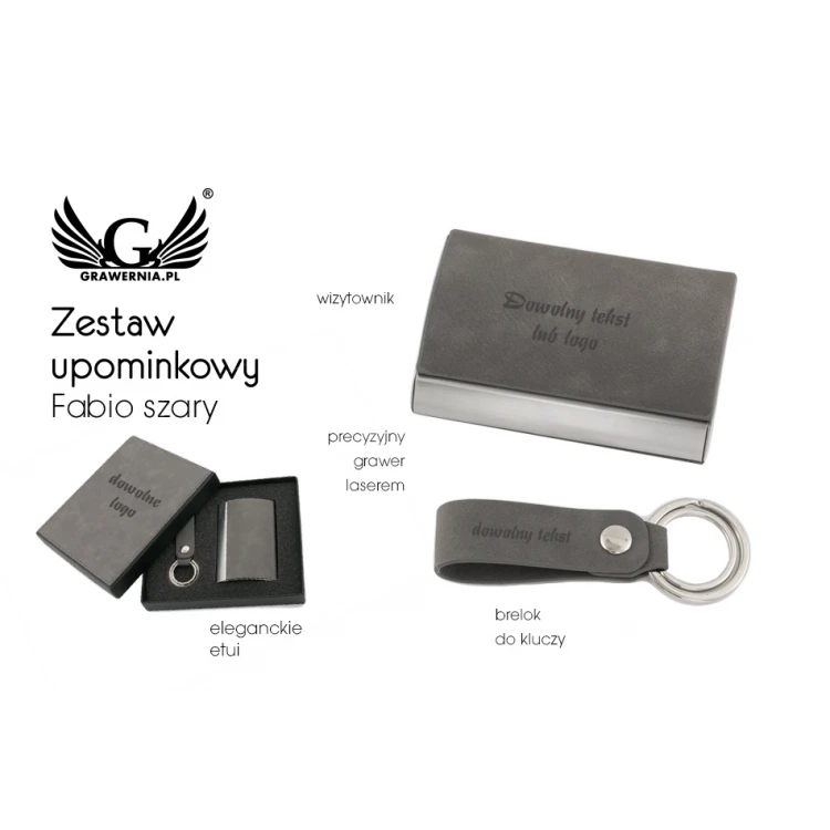 Zestaw upominkowy wizytownik + brelok - Fabio szary z grawerem - ZU004